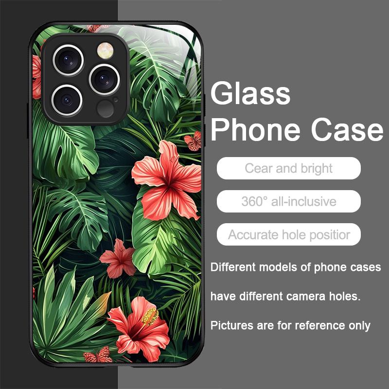 Fashion Palm Leaf Floral Pattern Tempered Glass Phone Case for IPhone 17 16 Pro Max 15 14 13 12 Mini 11 X XS MAX 7 8 Plus Cover