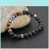 Tiger Trendy Eye Mens Volcanic Stone Beaded Bracelet With Stainless Steel Accents
