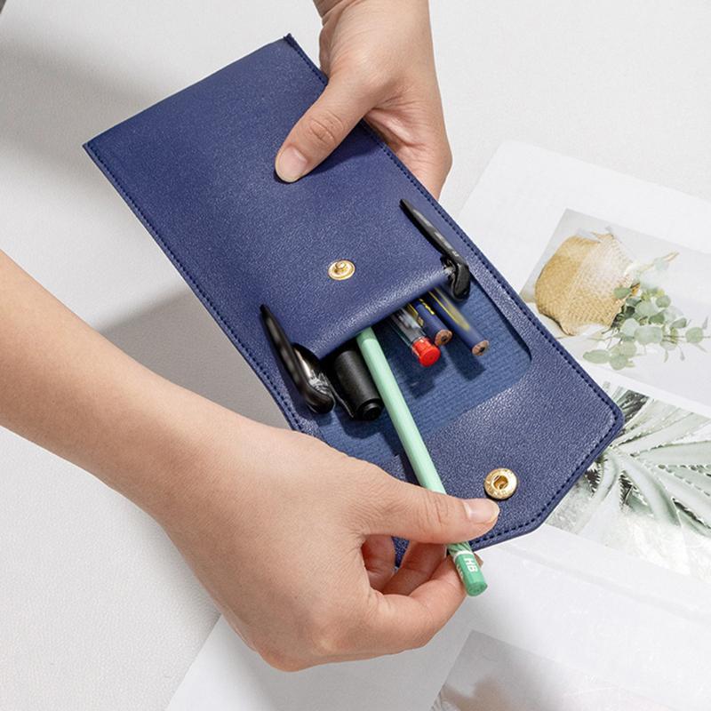 Pencilcase Faux Leather Large Capacity Multi-Slot Pouch - Pure Color Stationery Organizer / Pen Protective Case