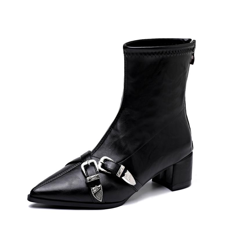 Autumn Winter Fashion Thick Heel Ankle Boots Women Fashion Metal Decoration Shoes Street Style Party Short Botas Mujer