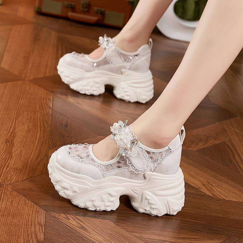 Platform Mary Jane shoes women's 2025 summer new Velcro shoes flower rhinestone sandals versatile inner height increase women's shoes