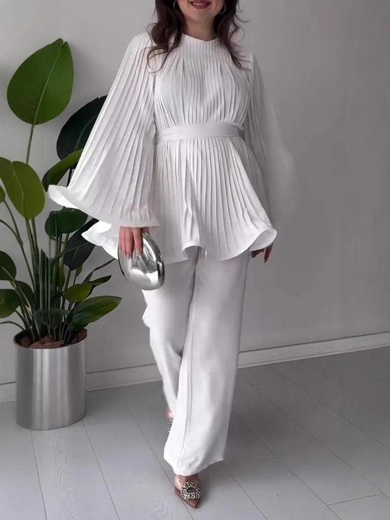 2024 Solid Color Pleated Ruffle Hem Loose Casual Long Pants Set