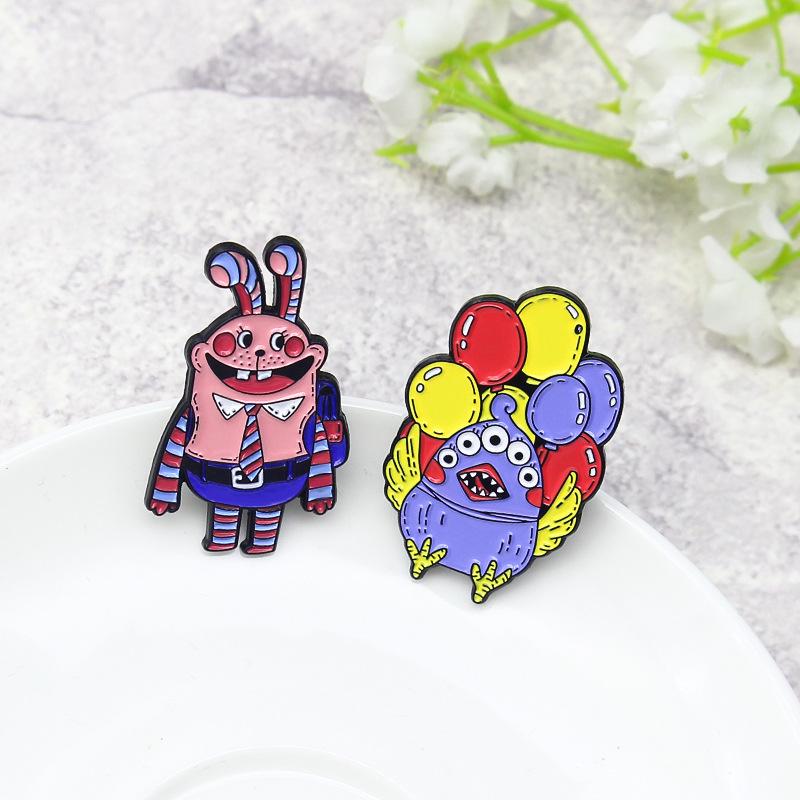 Little Rabbit Student & Mama Bird Balloon Seller Cartoon Brooch
