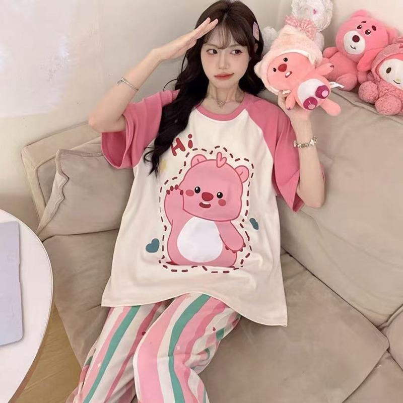 Pajamas women's short-sleeved trousers summer cartoon cute 2 new cartoon spring and summer loungewear suit can be worn outside