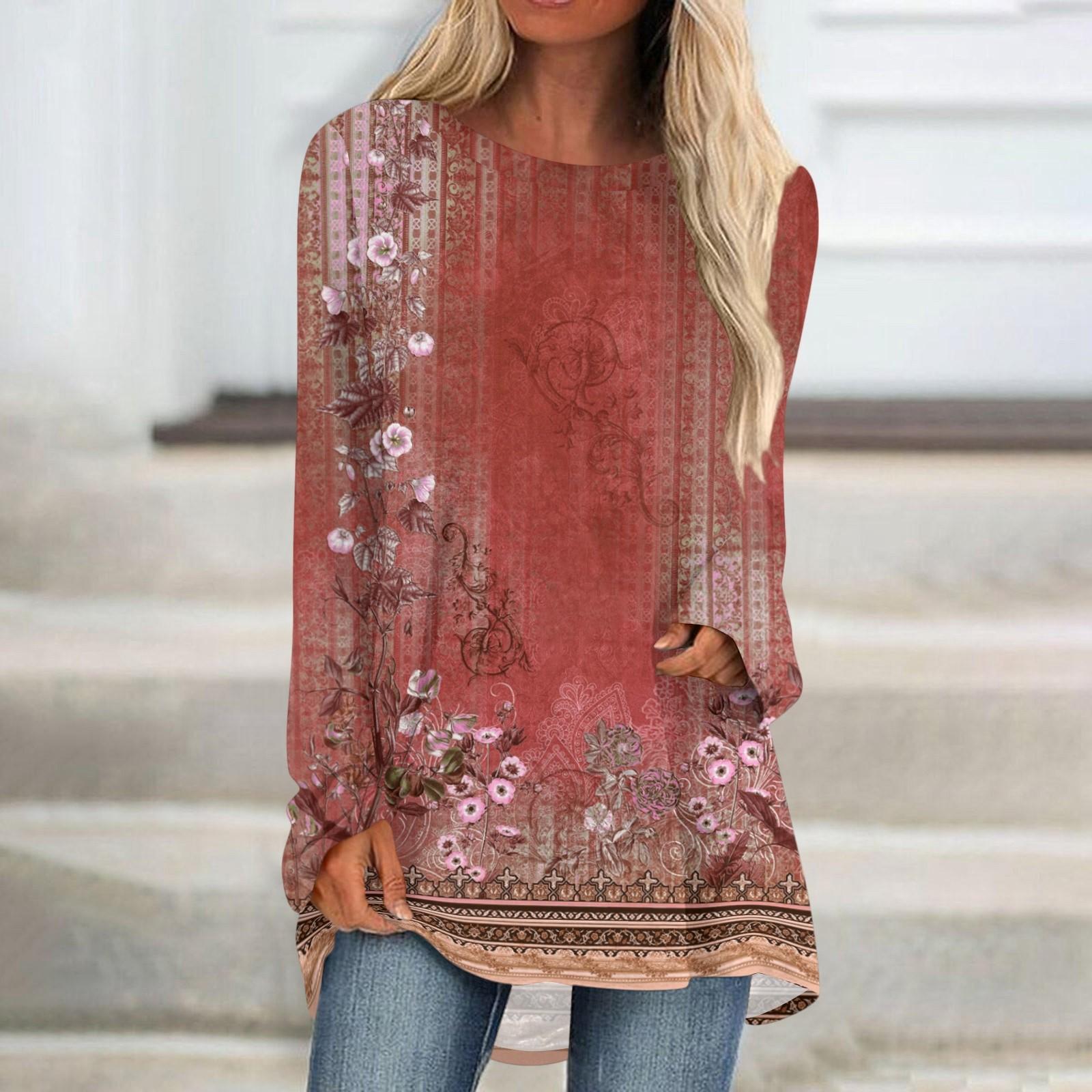 

Модна повсякденна жіноча футболка з принтом із круглим вирізом і довгими рукавами великих розмірів XL