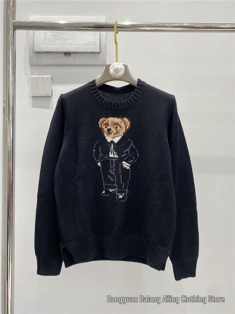 Cartoon Bear Embroidered Jacquard Knit Sweater - Women's Long Sleeve Round Neck