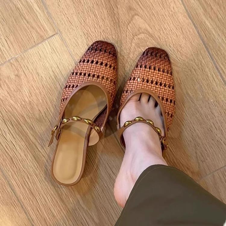 

Sheepskin version~ Summer new wear Muller sandals beautiful vacation style woven hollow bag head half slippers women 40 коричневый