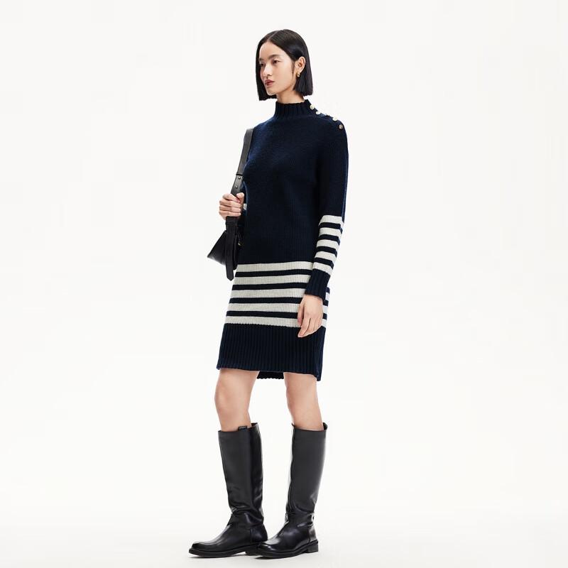 VEROMODA Women's High-Collar Wool Blend Striped Knit Nautical Dress