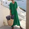 Women's -color V-neck Long-sleeved Loose Cotton And Linen Dress