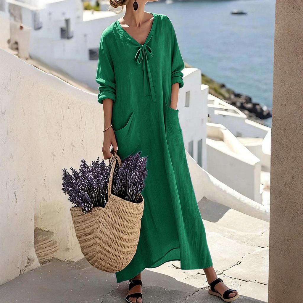 Women's -color V-neck Long-sleeved Loose Cotton And Linen Dress