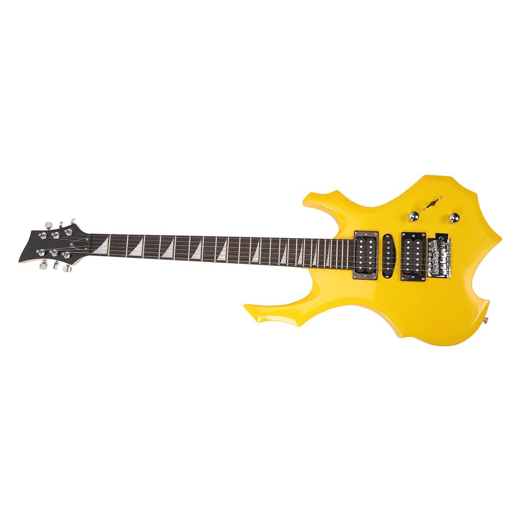 Electric Guitar 24 Fret Yellow Flame Shaped Electric Guitar Beginner Kit with Picks Strings Handle
