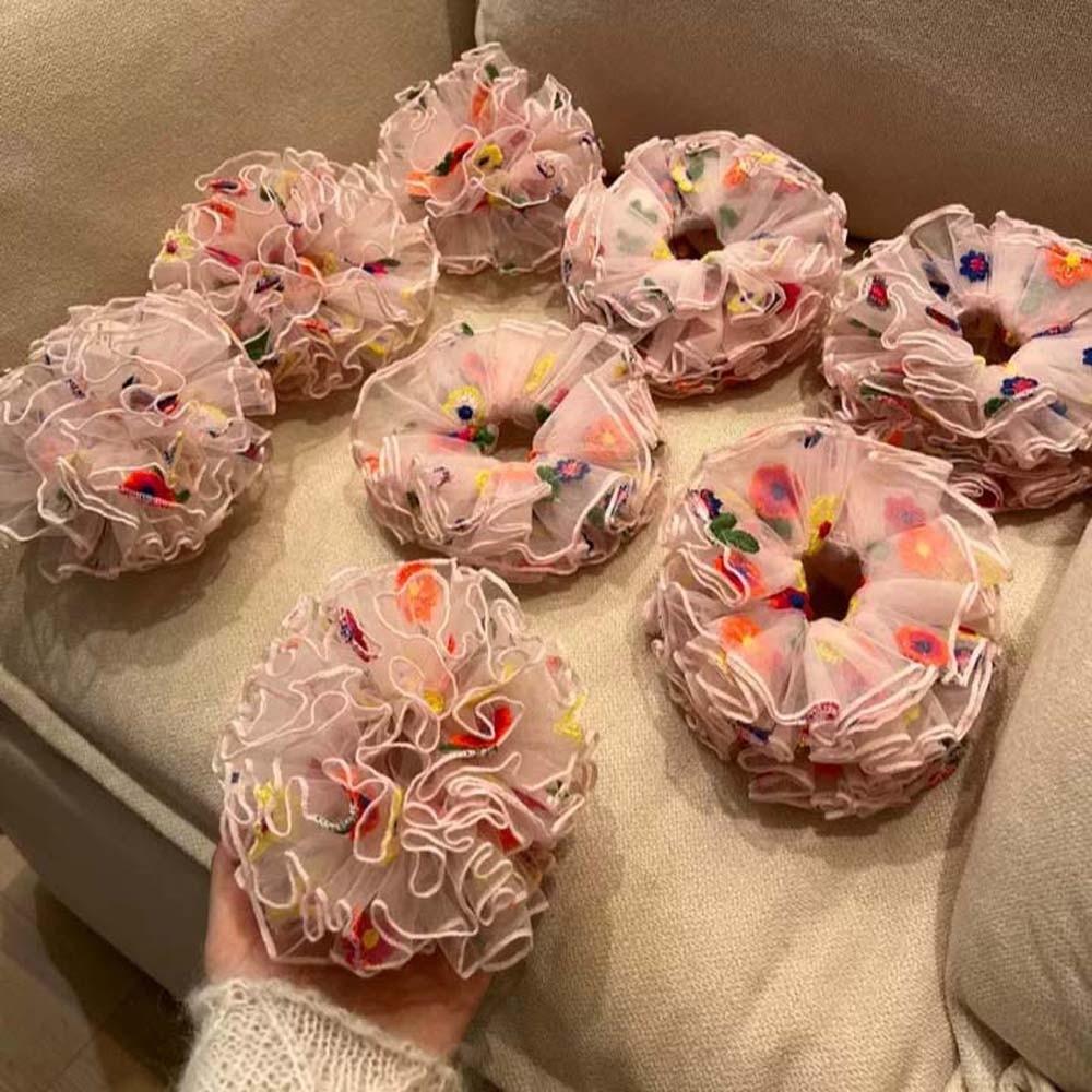 Large Intestine Circle Embroidered Mesh Scrunchie Korean Style Flower Lace Hair Ring  Daily