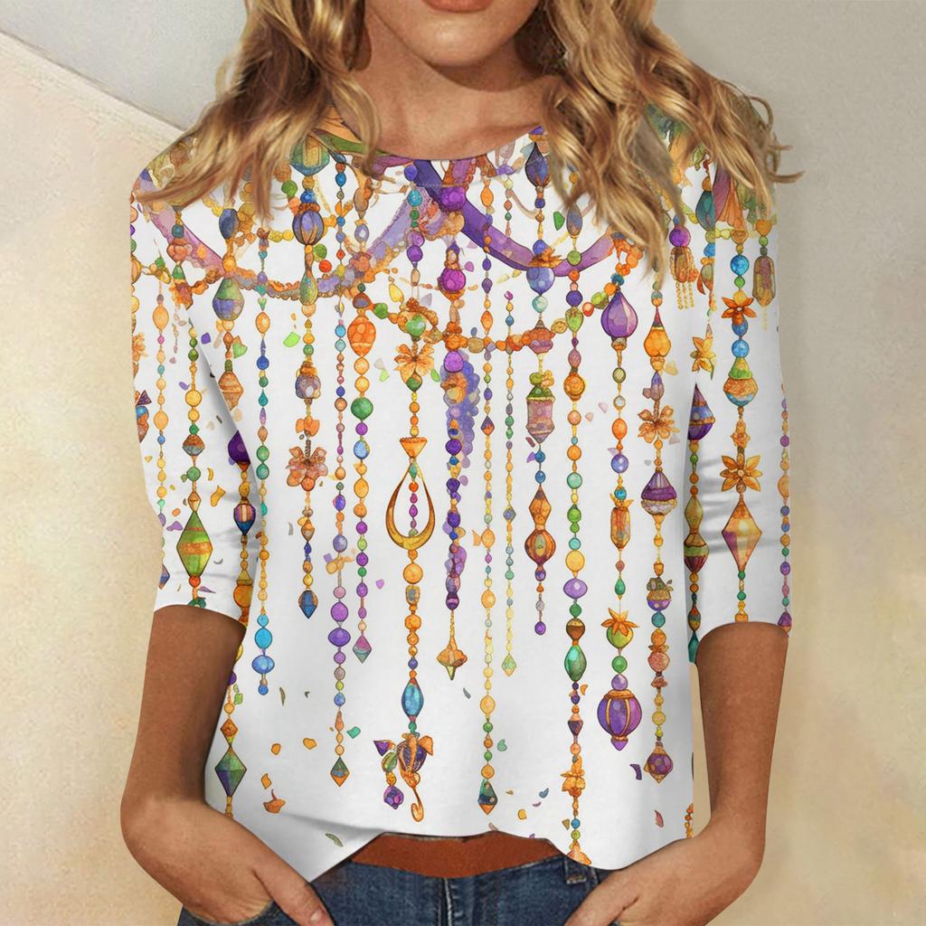 Ladies' Carnival Printed Fashionable Casual Seven Sleeve Round Neck Top