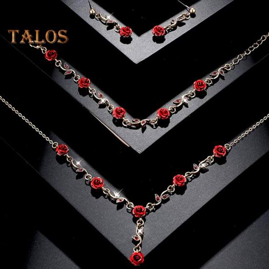 3 Pcs/Set Red Rose Jewelry Set Floral Theme Romance Vintage France Style Valentines Day Mothers Day Present Earrings Adjustable Rhinestone Necklace
