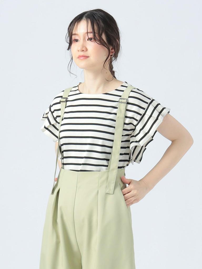 Beams Heart Tee with Tucked Sleeves and Striped Striped Off One Size S/S Pullover, Women's, White,