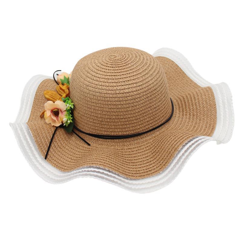 Mesh Woven Straw Hat Ladies Flower Sunscreen Sun Hat Wave Edge Sun Hat Beach Hat