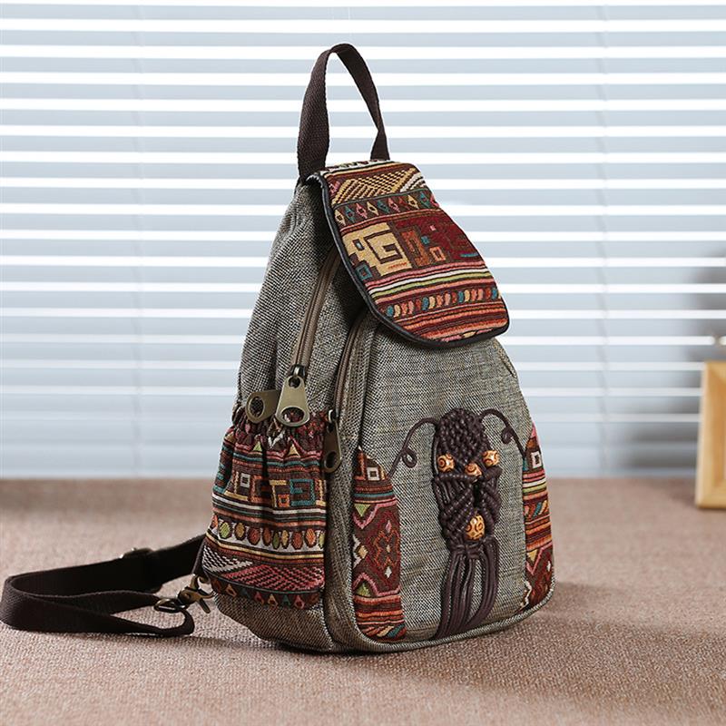 1Pc Handmade Backpack Women's Vintage Canvas Backpacks National Style Geometrical Printed Bag Female Simple Travel Backpack