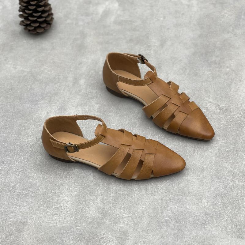 Johnature Handmade Genuine Leather Pointed Toe Sandals Retro Hollow Buckle Woven Cowhide Women's Shoes