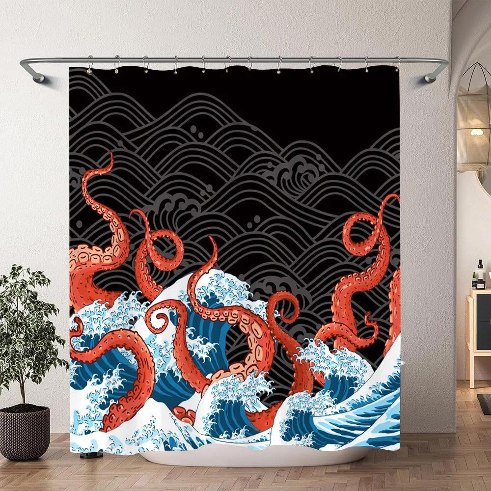 Japanese Cherry Blossom Watercolour Print Shower Curtain Koi Waves Chinese Ink Painting Polyester Shower Curtains Bathroom Decor