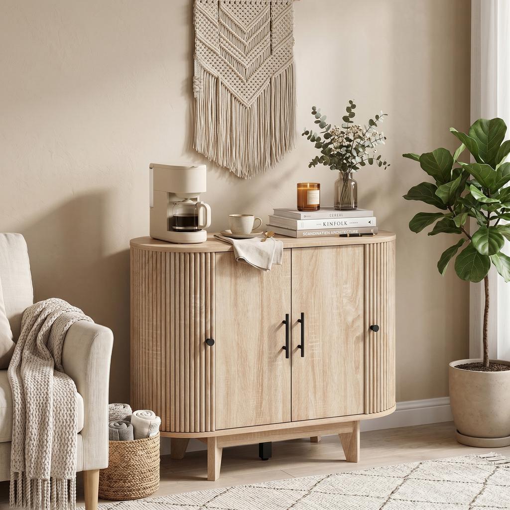 Living Room Sideboard, Oval, 4 Doors, Adjustable Shelves, 90 x 40 x 76 cm, Oak