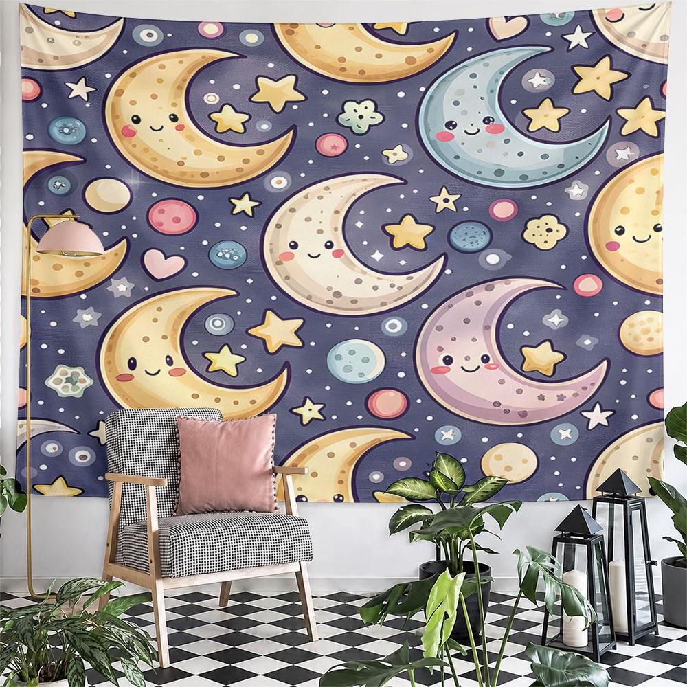 Cute Smiling Moons and Stars Pattern Pattern Wall Hanging Tapestry Decorative Tapestry Home Decor for Bedroom and Living Room