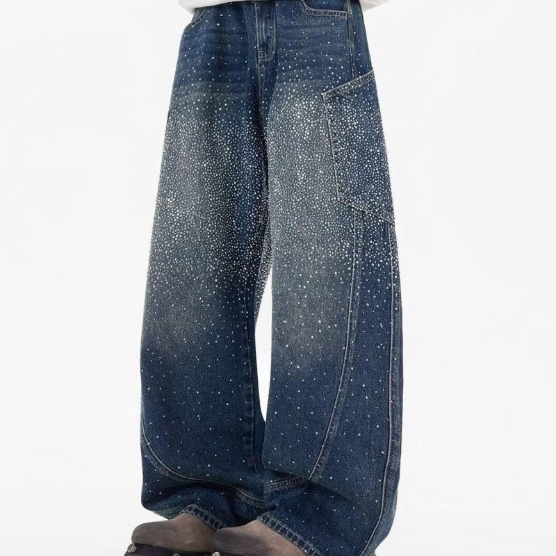 Mens Wide Leg Denim Pants With Rhinestone Embellishment Relaxed Fit Straight Cut Jeans Casual Wear