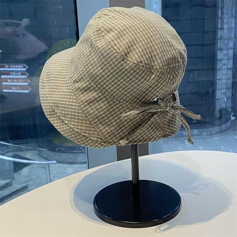 Korean Style Wide Brim Bucket Hats Summer Sunshade Basin Caps Plaid Bucket Hats  Sun Protection