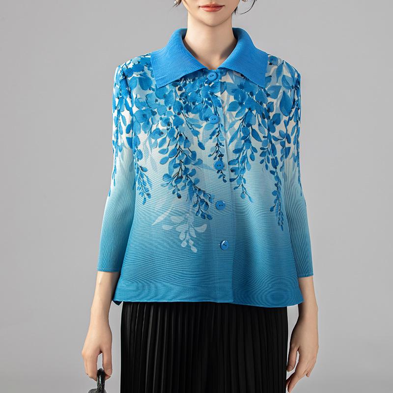 

2024 Весна/Лето Женский Стильный Плиссированный Кардиган с Отложным Воротником - Однобортный, Свободный и Универсальный Жакет, Подчеркивающий Фигуру. 3XL озеро синий