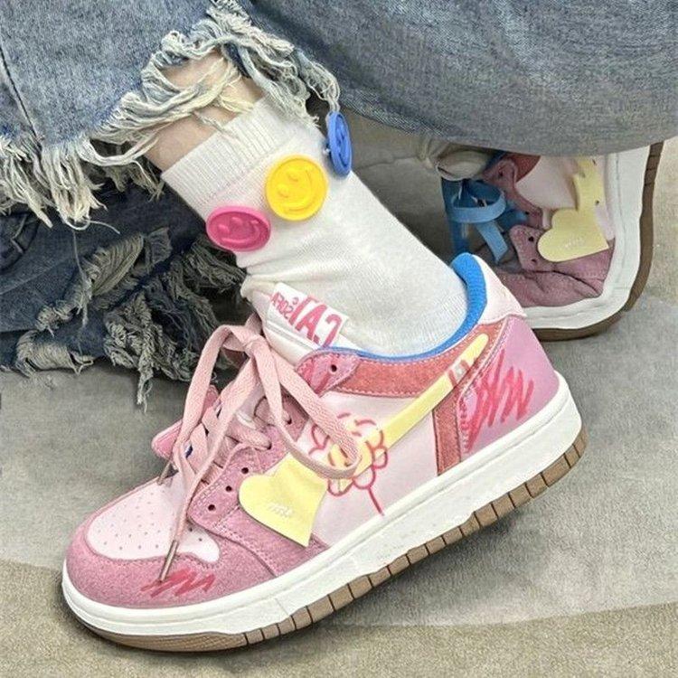 Campus Style Graffiti Single Shoes Women's 2025 Spring New Ins Foreign Style Casual Little White Shoes Mori Sports Board Shoes Women