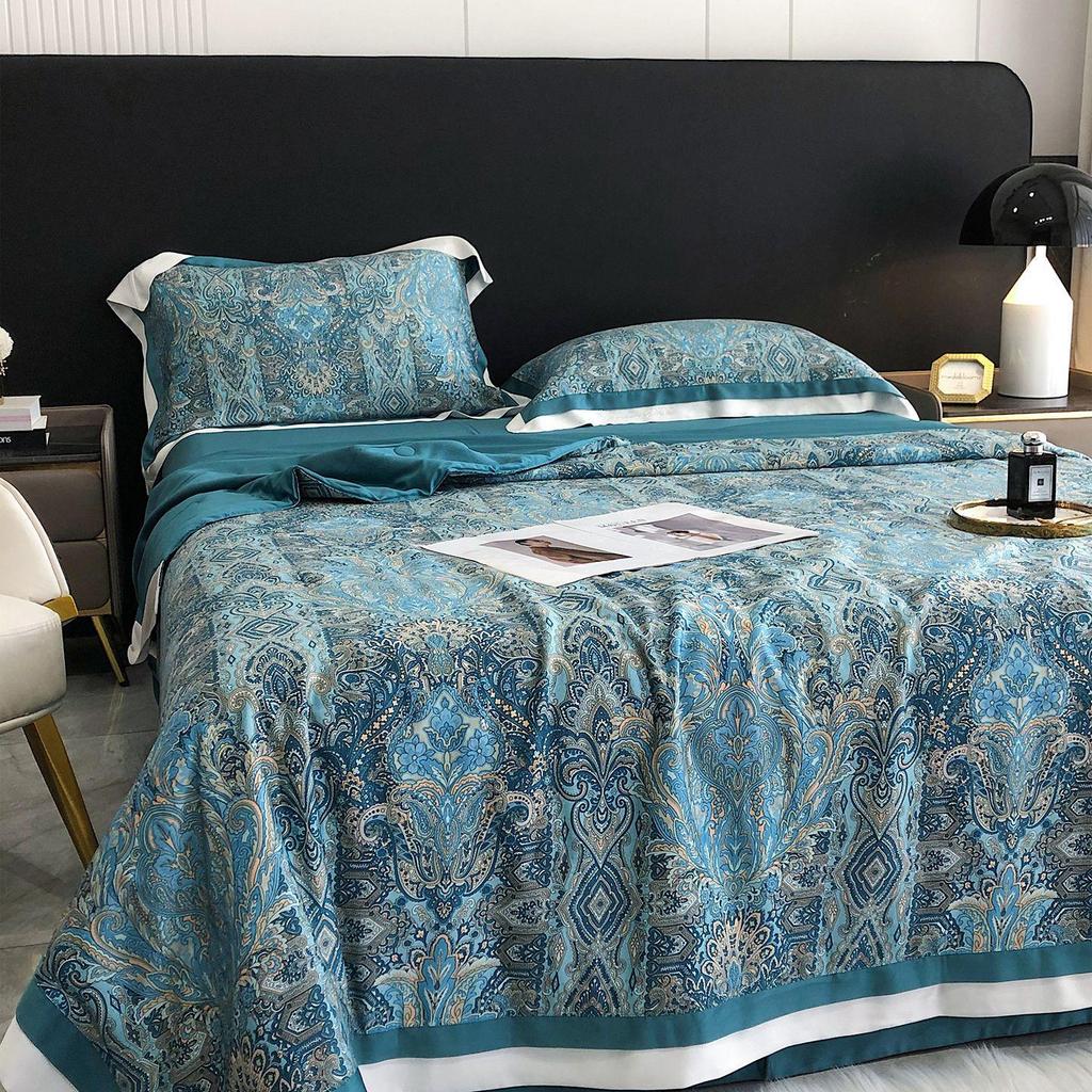 Luxurious European Tencel Brocade Summer Quilt Set: Cooling Ice Silk, Washable, Thin, Four Pieces for Air Conditioning.