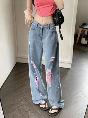Women's Vintage Blue Ripped Jeans Baggy Denim Trousers High Waist Korean Y2k Streetwear Female Punk Wide Leg Pants Clothes