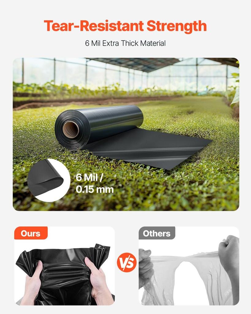 6Mil Plastic Sheeting Roll 24 x 100 FT Heavy Duty Polyethylene Black
