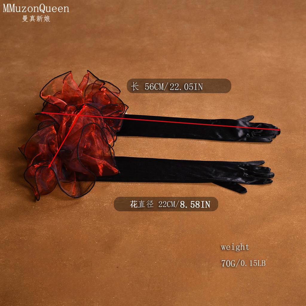 Long Satin Opera Gloves with Large Shimmer Red Organza Flower, Evening Party Formal Wedding Prom Photo Shoot Costume Arm Gloves