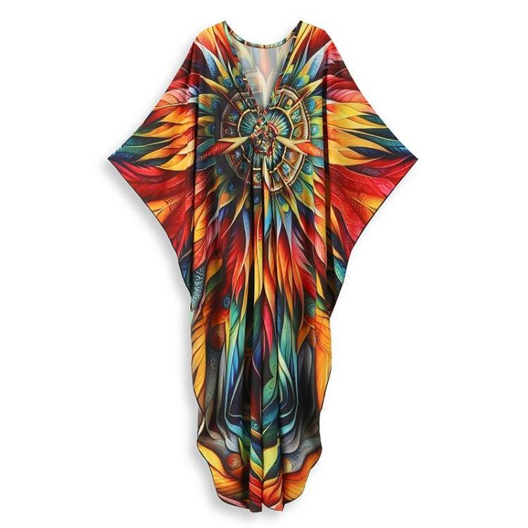 Summer Vintage Boho Women Plus Size Kaftan Sexy Beach Coverups Colorful Printed V Neck Batwing Sleeve