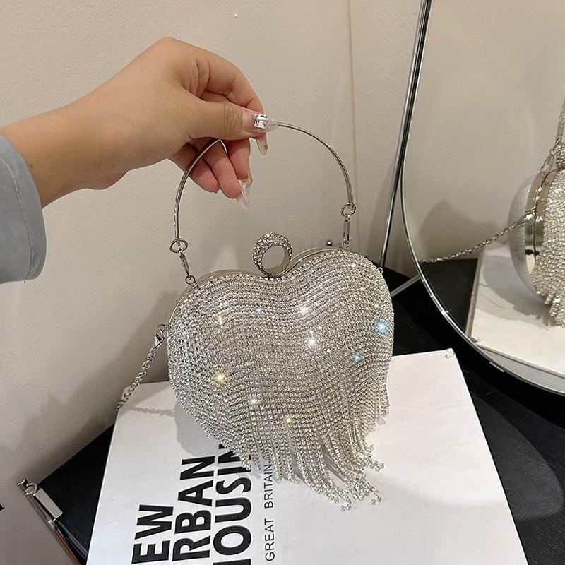 Elegant Rhinestone Heart Shaped Handbag With Tassel Chain Strap Small Evening Clutch Women Formal Party Dress Accessory