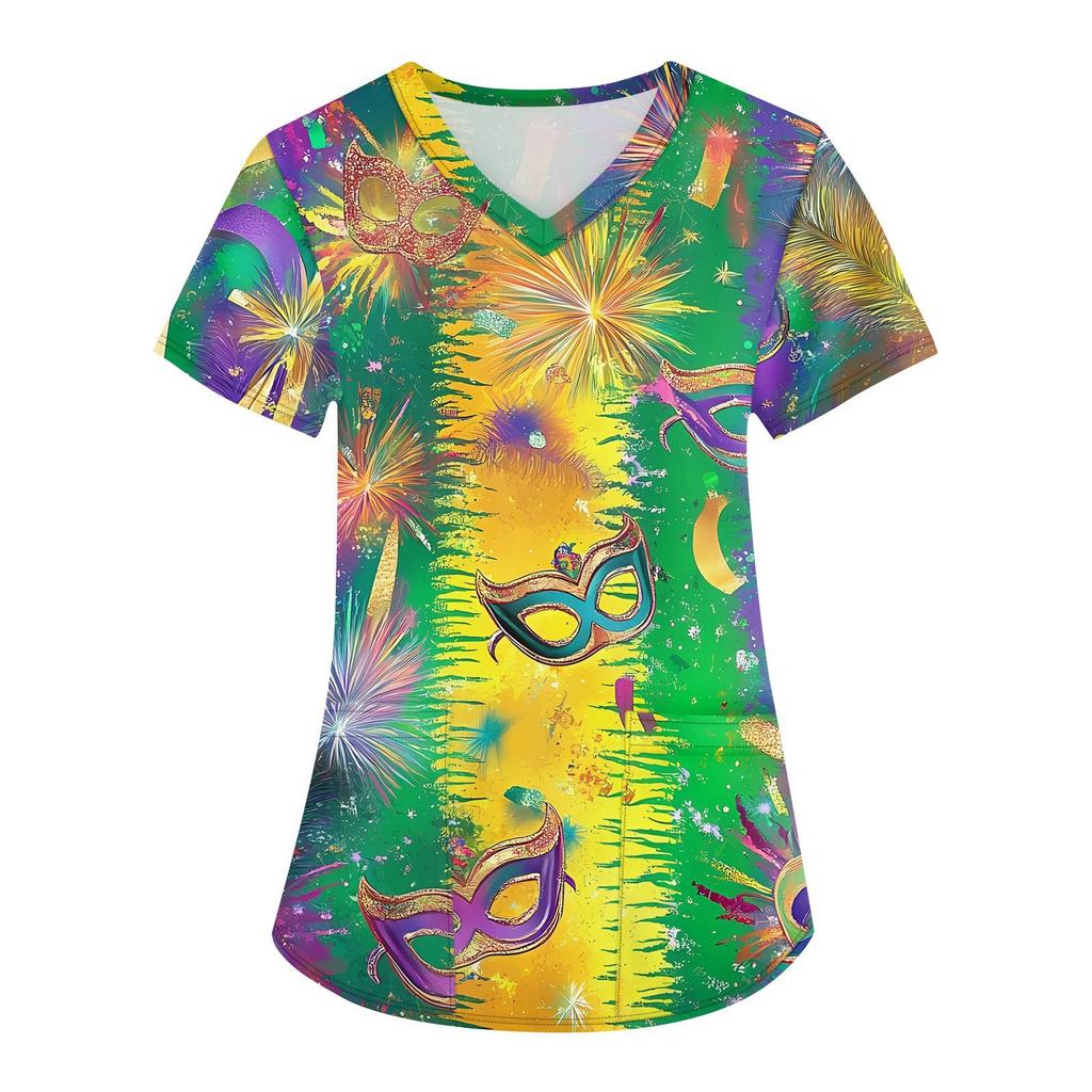 Women's Fashion V-neck Short Sleeve Workwear With Pockets Printed Tops