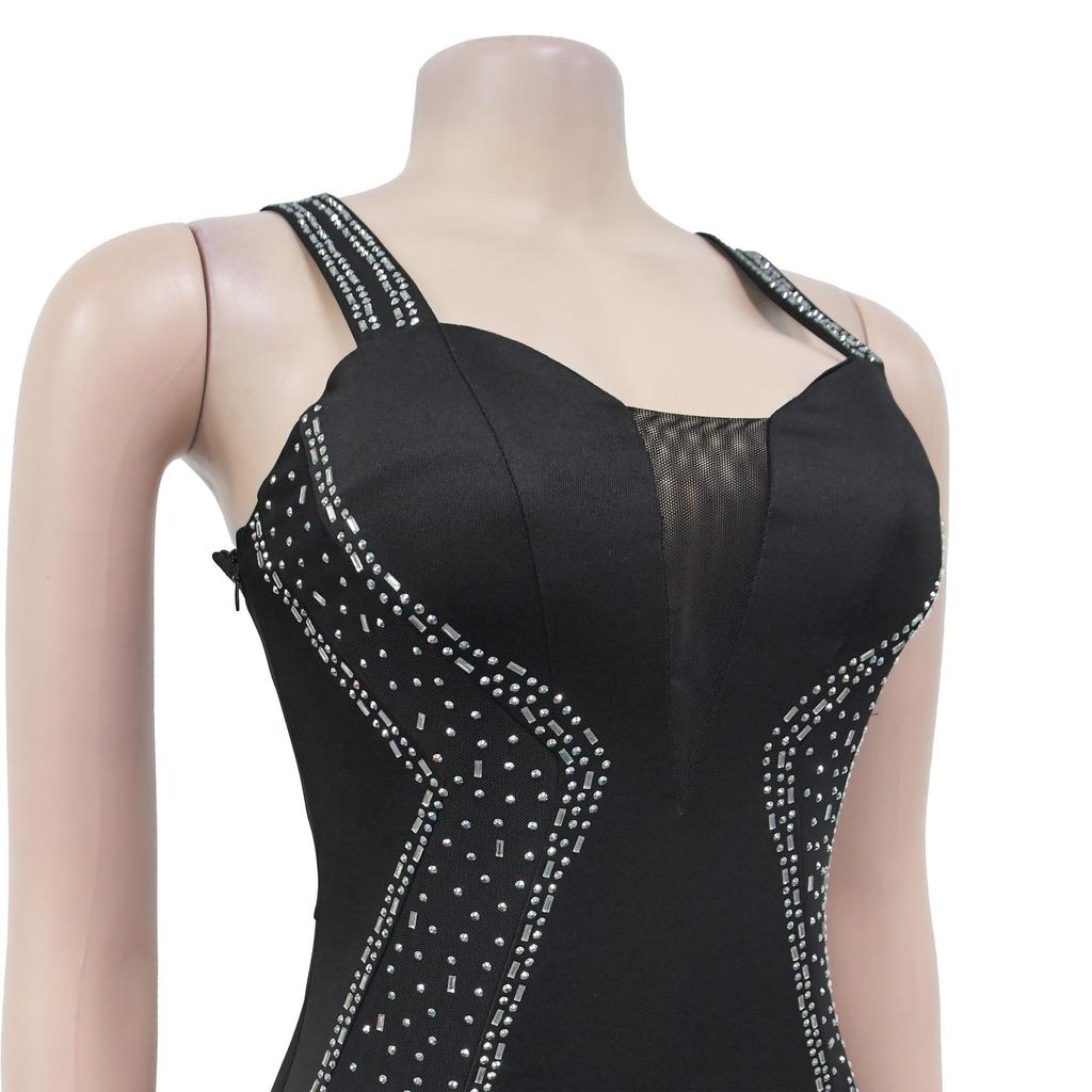 European & American Fashion Rhinestone Strappy Midi Dress - Women's Hot-fix Style New Arrival