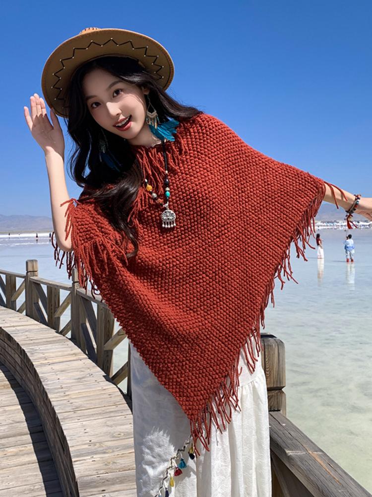 Winter Damen Schal Lagen Poncho Elegant Rote Quaste Pullover Wickel Schal Lässig Warm Schal Capa Para Mujer Pashmina Umhang Neu