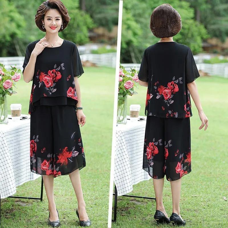 Women's Summer Casual Plus Size Set, Middle-aged and Elderly, Short Sleeved Tied Small Shirt+loose Pants, Chiffon Two-piece Set