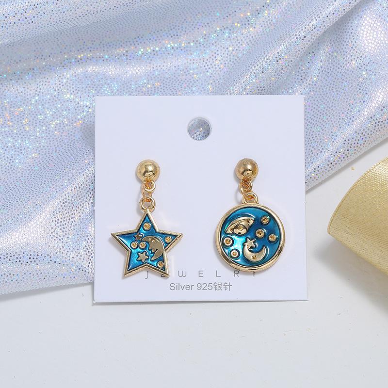 Niche Design Blue Starry Sky Series Simple Stud Earrings, Female Moon Star Temperament Versatile Earrings Long Earrings