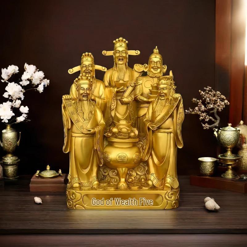 Large Bronze Five Gods of Wealth Figurine for Home or Office Worship
