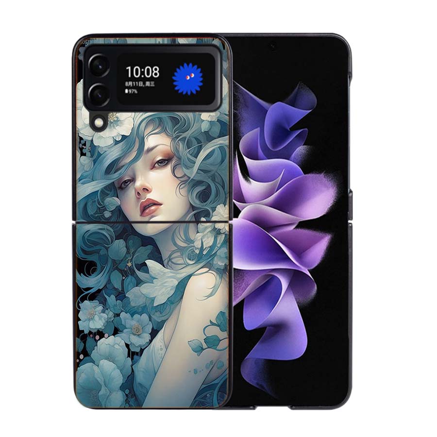 Exquisite Loish Style Blumen Handyhülle für Damen für Samsung Z Flip 7 6 5G Galaxy Z Flip4 Z Flip5 Z Flip3 Coque Schwarzes Hartes PC Sh