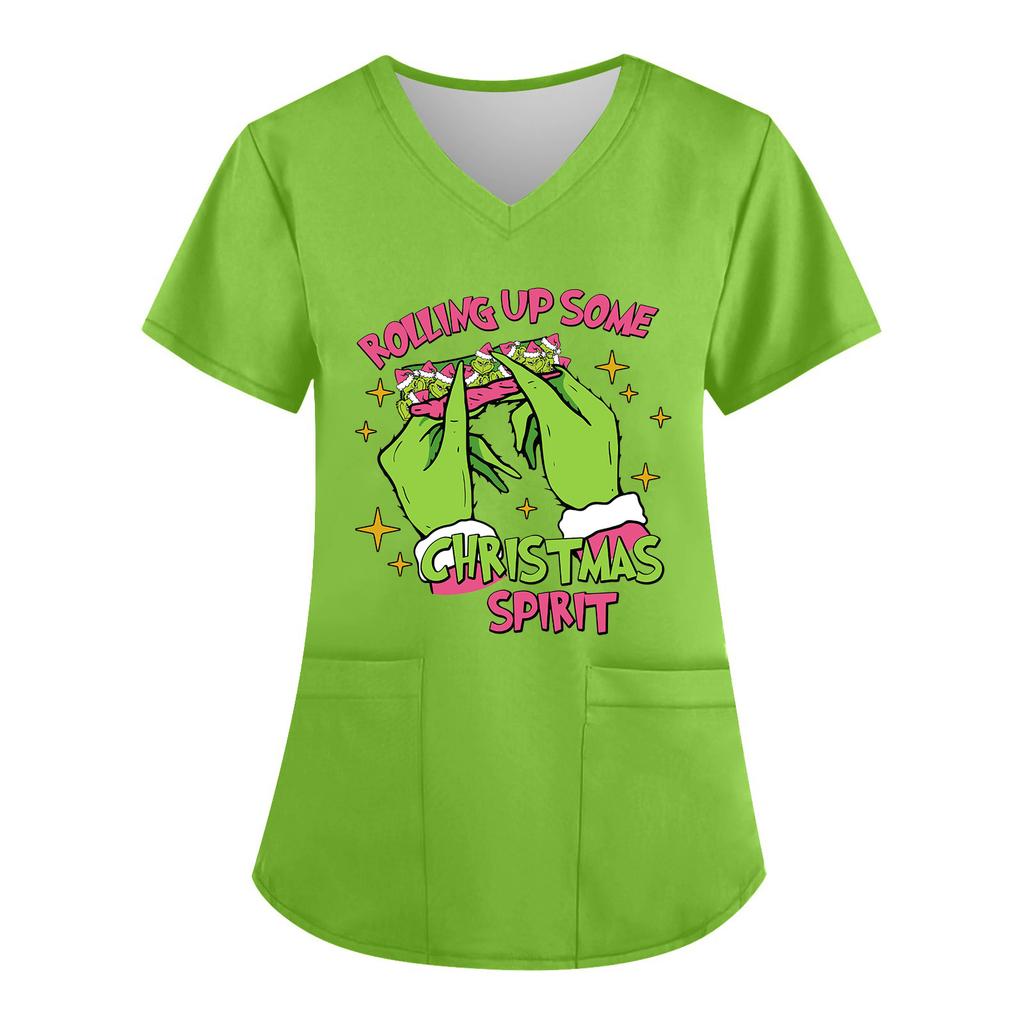 Women's V-neck Christmas Print Short-sleeved Pocket Side Slit Uniform Top