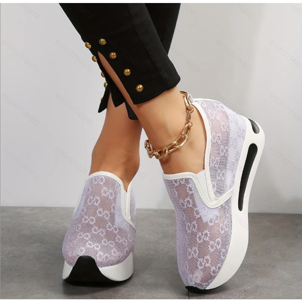 Spring Lace Mesh Casual  Printing Flower Women's Shoes Elevated Height Chunky Sneakers