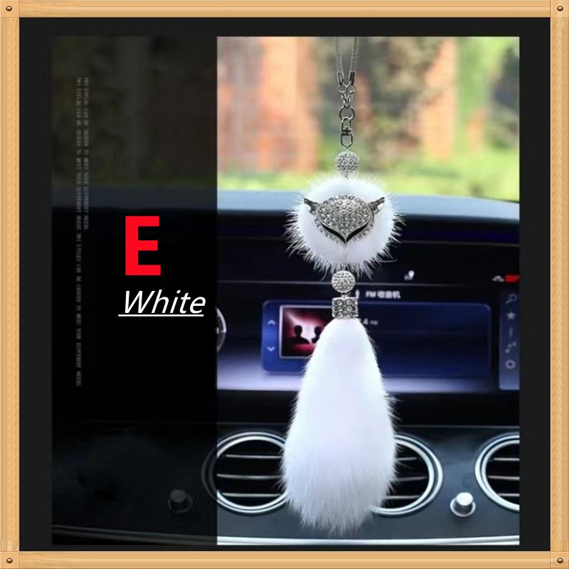 8 Colors Cute Fashion Diamond Fox Rear View Mirror Ornament Fur Bling Rhinestone Car Mirror Hanging Accessories for Girls Women
