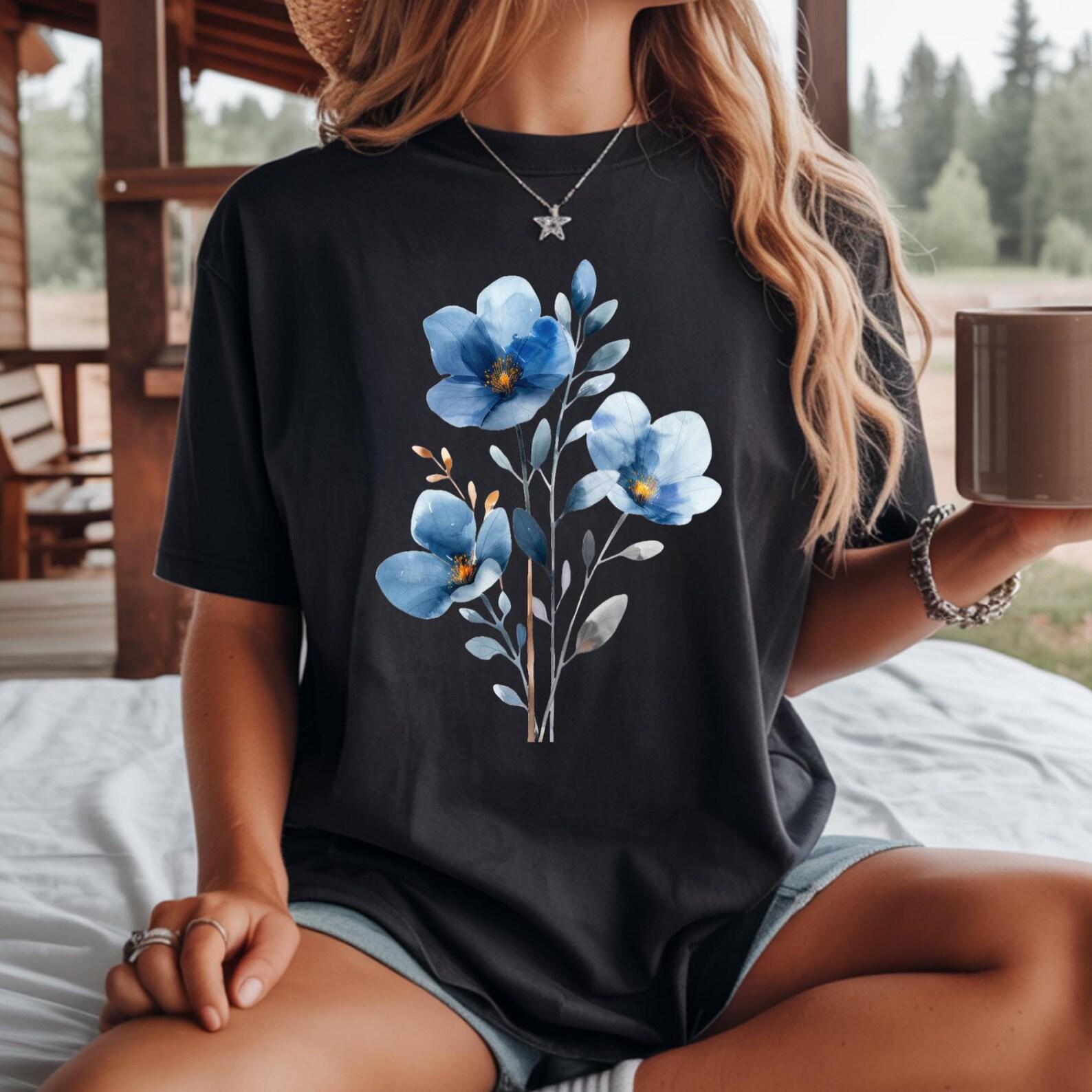 Comfort Colors Blue Floral Bouquet Shirt, Painterly Botanical Art Tee 2XL