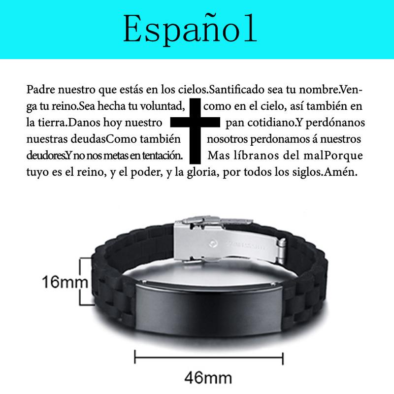 Engraved Christian Lord's Prayer Black Silicone Bracelet Men German French Hebrew Multi Language Brazalets