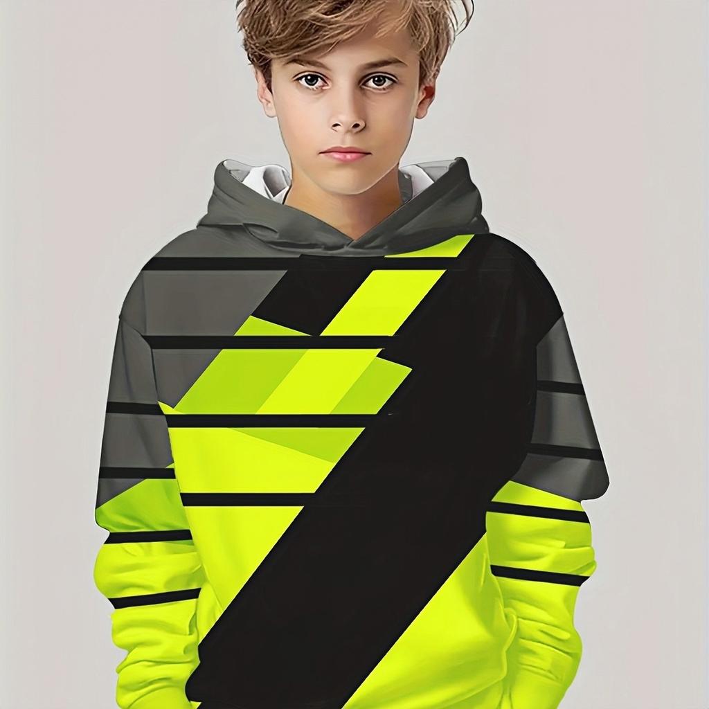 Trendy and Fashionable Children's Hoodies In Spring and Autumn Seasons, Gray Green Black Three Tone Striped 3D