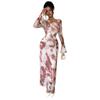 Womens Vintage Elegant Tie-Dye Print Mesh Ruched Fitted Long Sleeve Dress High Waist Irregular Neckline Flared
