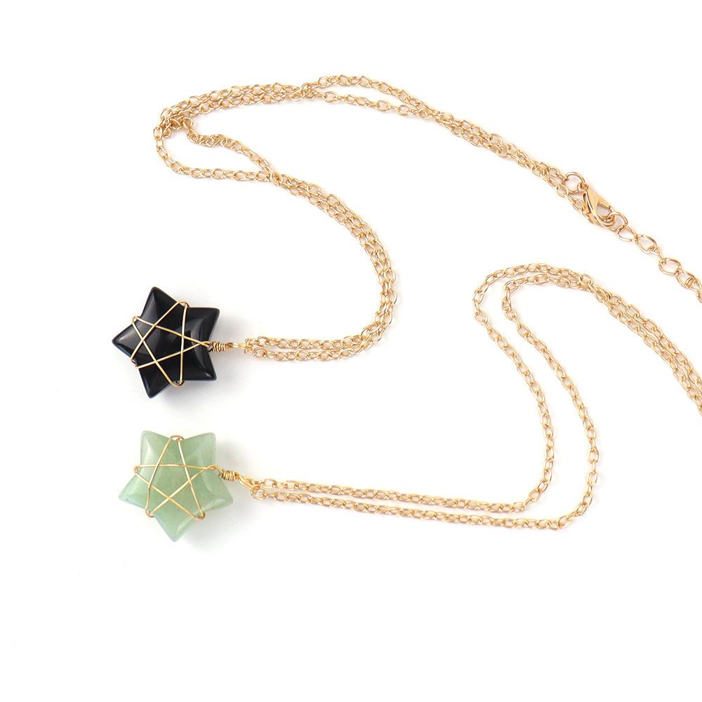 Hand-Wound Gold Natural Crystal Agate Pentagram Tiger Stone Star Necklace N583